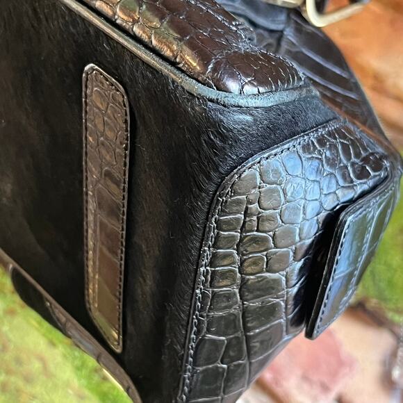 VERSACE Black Pony Hair Croc Embossed Suede Leather Dome Satchel - Picture 11 of 11